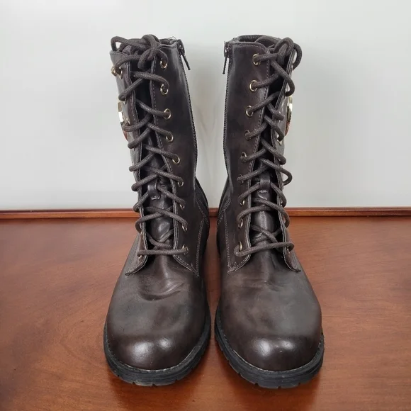 Michael Kors Dark Brown Leather with Gold Detail Lace/Zip Combat Boots Size 6 - Picture 7 of 12